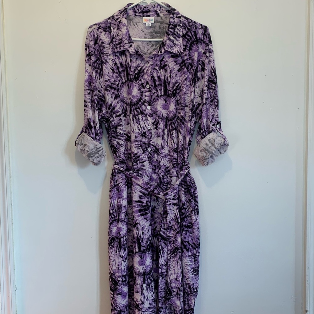LuLaRoe Ellie Purple Jersey Knit Shirt Dress XL Sunburst Long Sleeve